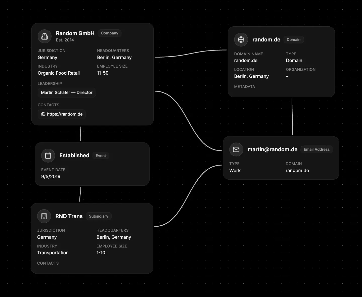 Corporate structure mapping showing parent company connected to multiple subsidiaries with shared leadership