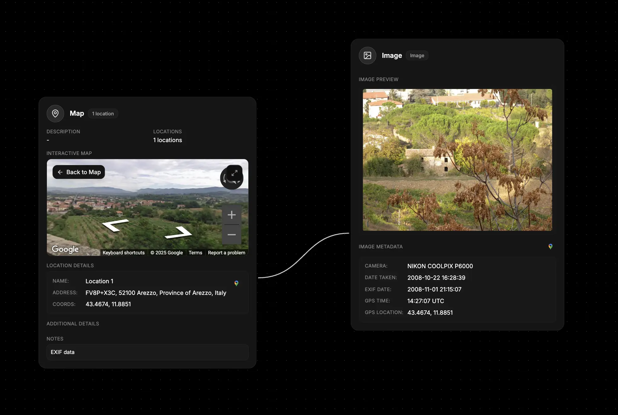 Image node showing a field photo with extracted GPS metadata, caption, and download options