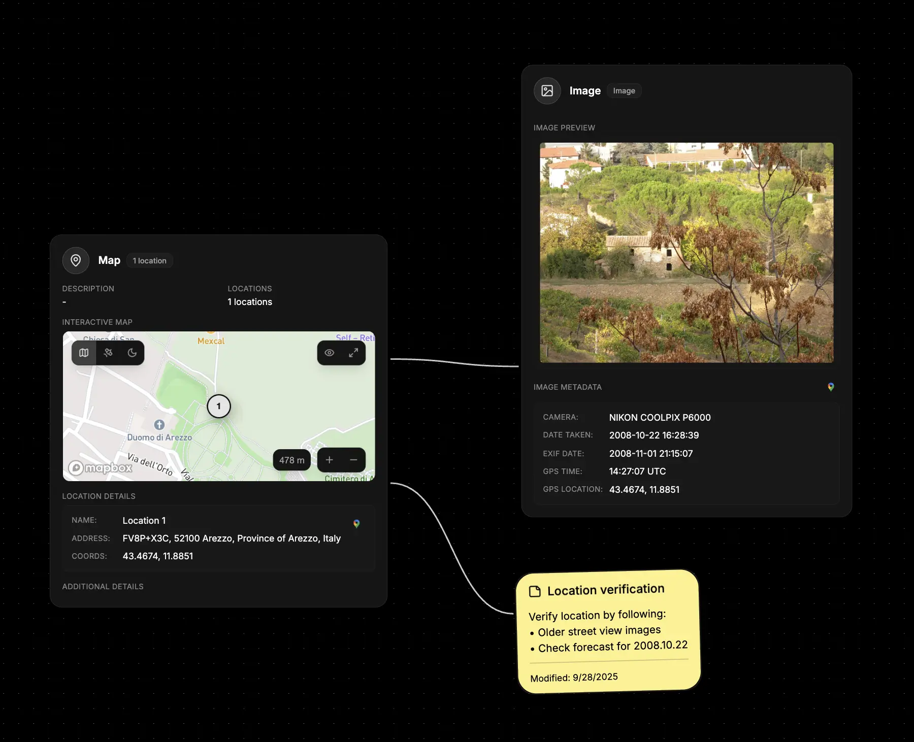 Notes node showing location verification steps next to map and identifier nodes
